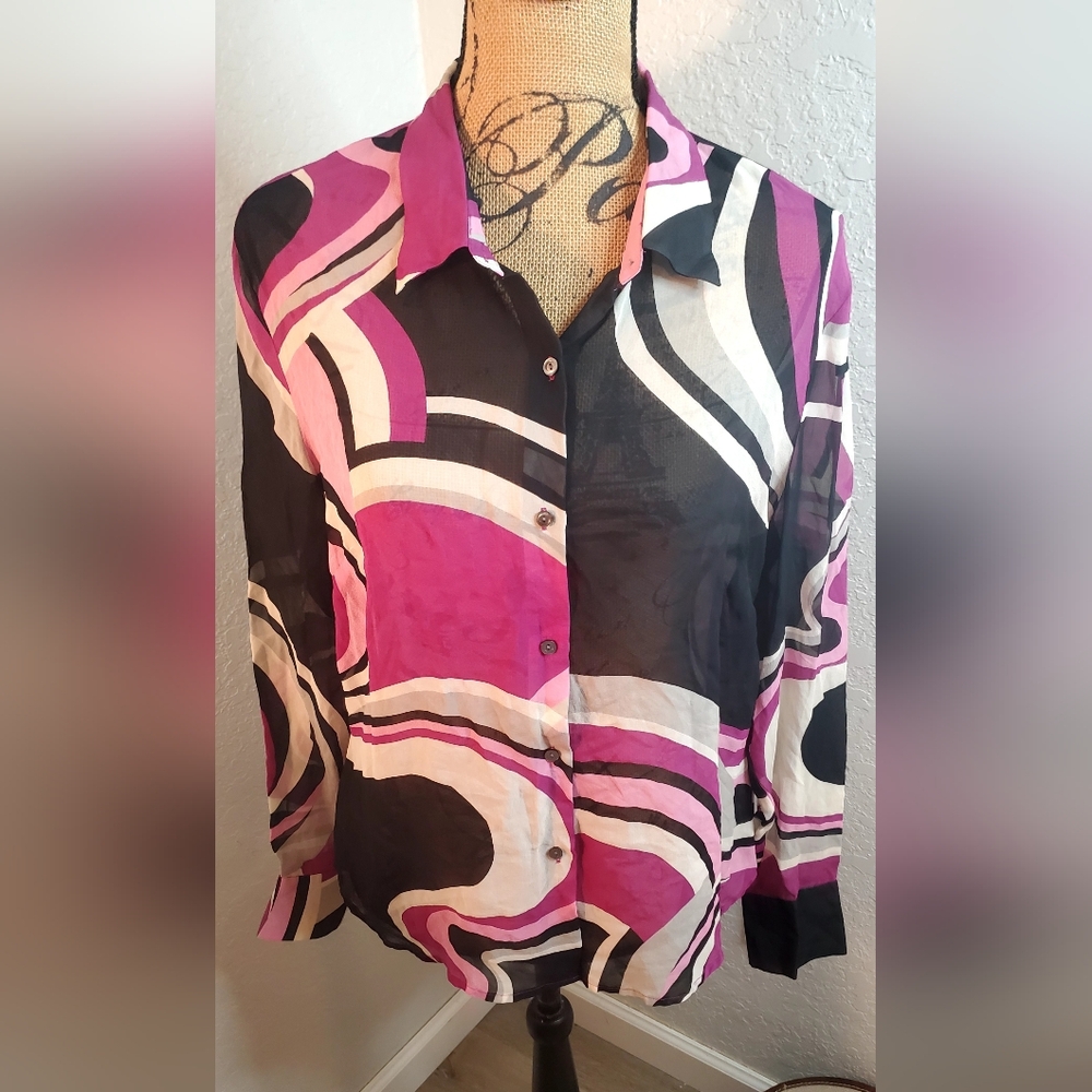 The Limited Women's Pink and Black Button Down Shirt. 100% Pure Silk.